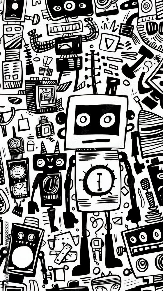 Aufkleber Abstract black and white doodle art with various robot characters and elements. Concept of playful and creative robotic illustrations.