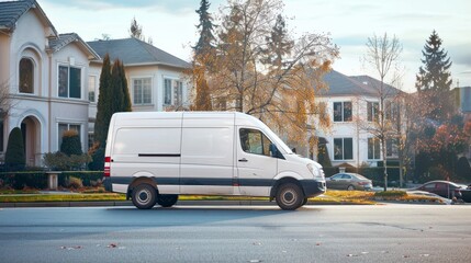 Obraz premium Commercial van delivers cargo to suburban custmers. Shipping parcels goods and orders in the countryside. Light duty truck