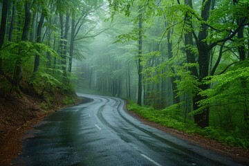 Fototapeta premium A photo of a wet road surrounded by trees in a dense forest