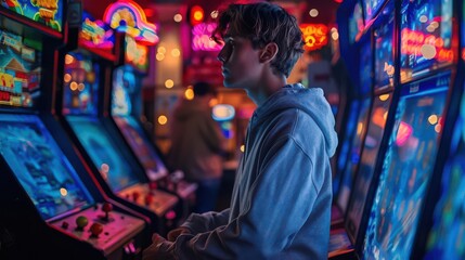 Obraz premium A young man plays an arcade game in a brightly lit arcade. He is focused on the game and the neon lights.