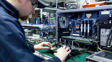 A technician performing burn-in tests on newly assembled computers to ensure stability and reliability under heavy load conditions.