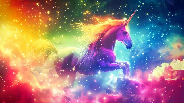 A beautiful magical unicorn with colorful long mane in space