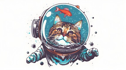 Cosmic Feline Astronaut Exploring the Vastness of Space with Fishbowl Helmet