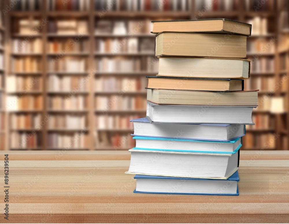 Wall mural stack of reading books at library background