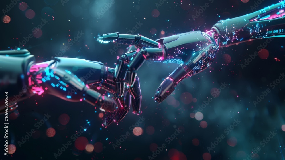 Poster two robotic hands touching with vibrant blue and pink lights against a dark background. futuristic t