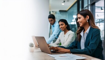 A diverse team collaborating in a modern office, working on laptops and participating in a conference call 
