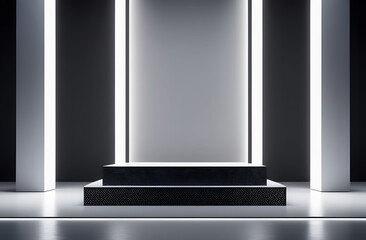 Gray podium in a gray 3d room with light effects creating volume. Minimalist square pedestal for product placement and advertising.