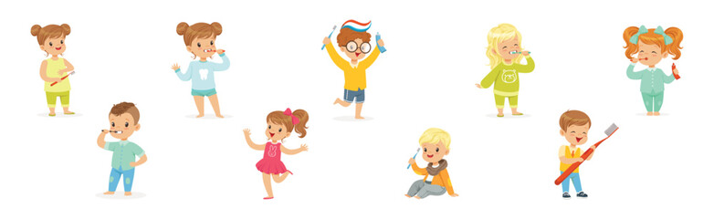 Kids Brushing Teeth Enjoy Oral Hygiene Routine Vector Set