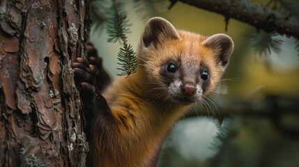 pine marten climbing a tree