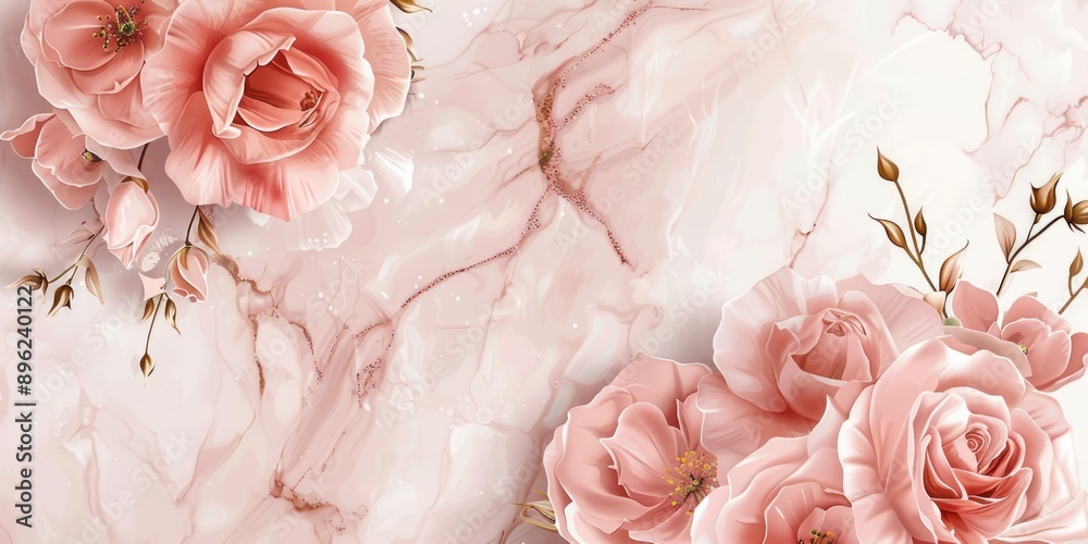 Poster a detailed view of colorful flowers arranged on a smooth white marble surface, perfect for use in de
