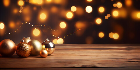 Christmas-themed mock-up wooden table with decorations, blurred fairy lights in the background, festive atmosphere