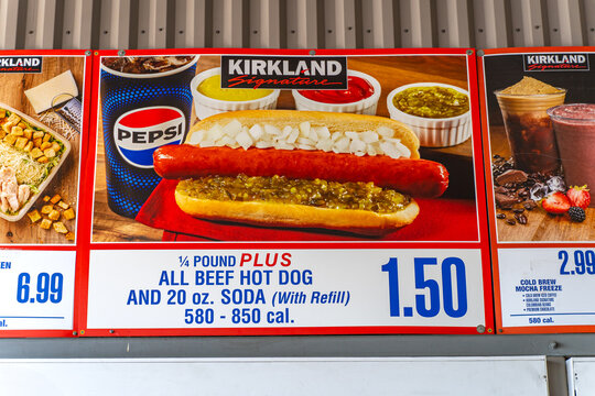 Famous all beef hot dog and fountain drink offering inside Costco Warehouse Food Court.