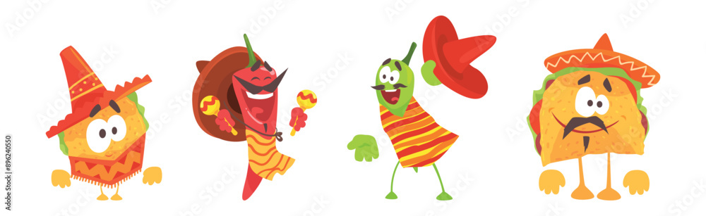 Wall mural mexican food and cool vegetable character vector set