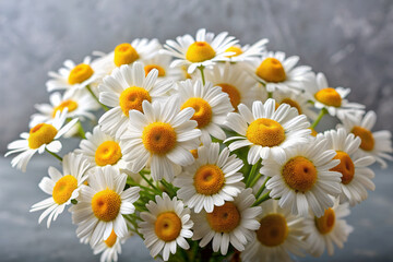 Obraz premium Delicate white chamomile flowers with yellow centers bloom in a lush bouquet, popping against a soft grey background, exuding serenity and calming ambiance.