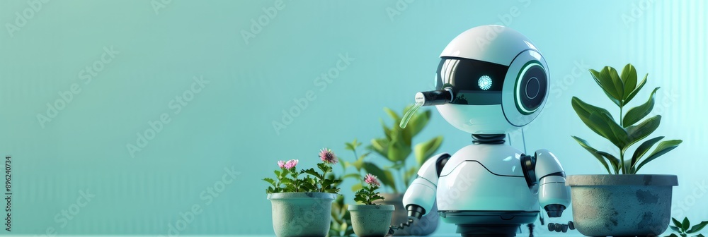 Poster small robot tending to potted plants with a watering can. technology and gardening concept for smart