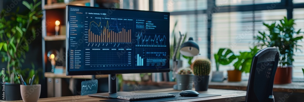 Aufkleber a modern office desk with a computer monitor displaying an interactive analytics dashboard with char