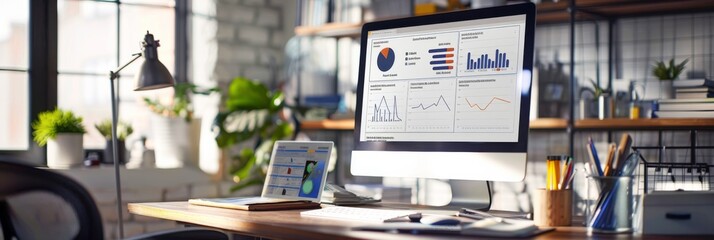 A modern office desk with a computer displaying an interactive analytics dashboard. The screen shows multiple charts and graphs, providing insights into data trends