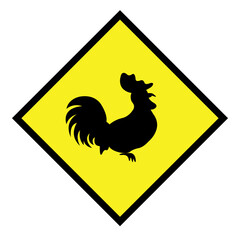 Yellow sticker with a black silhouette of a rooster