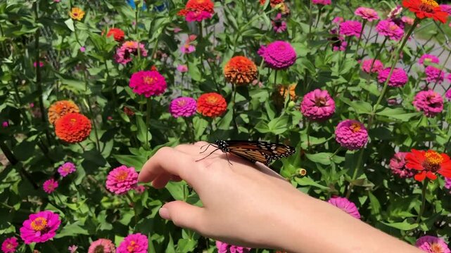 Monarch butterfly on a hand. Just born butterfly. Releasing a butterfly on zinnia flowers