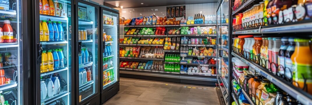 A wide shot of a well-stocked convenience store with various food products and drinks in multiple vending machines