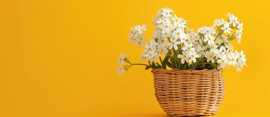 White Flowers in a Wicker Basket Against a Yellow Background