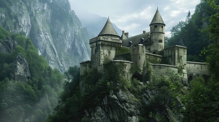 Fototapeta premium A majestic castle perched on top of a mountain, surrounded by lush trees and foliage