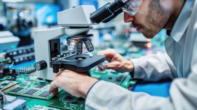 A technician using an electron microscope to inspect computer chips for microscopic defects and imperfections.