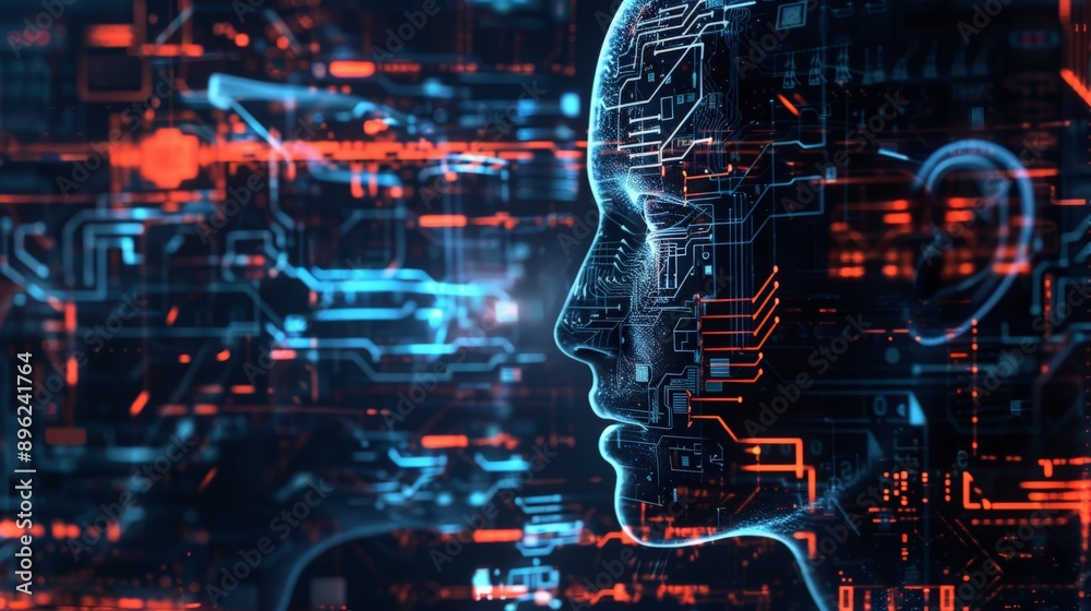 Aufkleber Profile of a robotic face with intricate digital circuits and glowing blue elements. Represents the integration of AI in modern technology.
