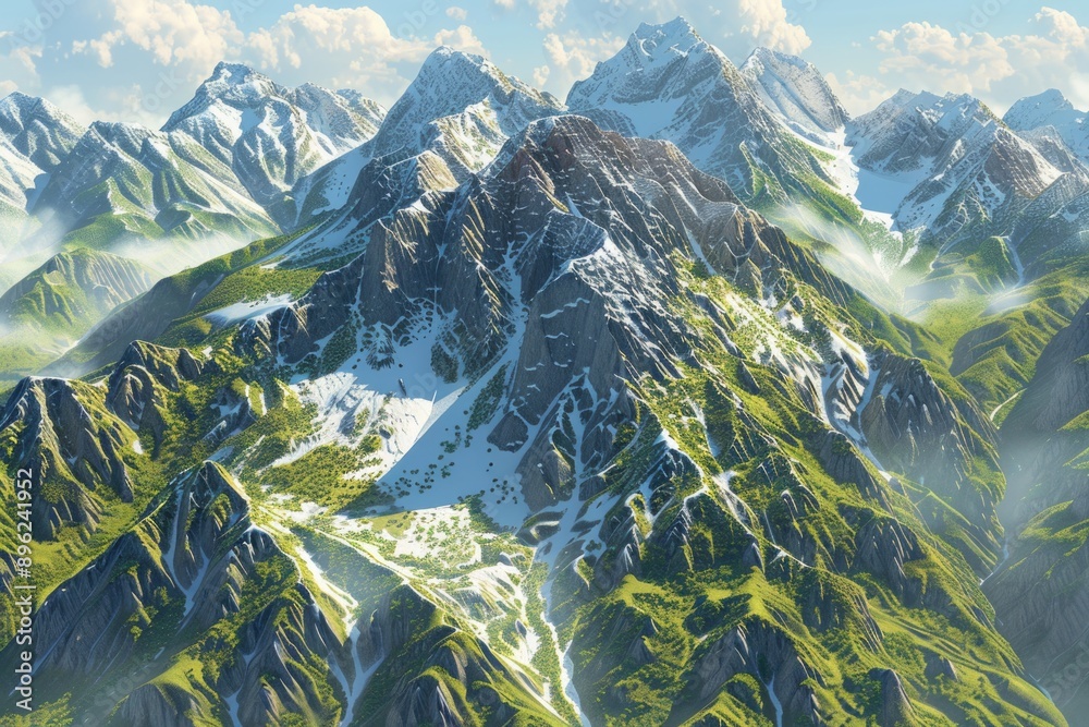 Aufkleber aerial view of a mountain range from a plane window, showing valleys and peaks