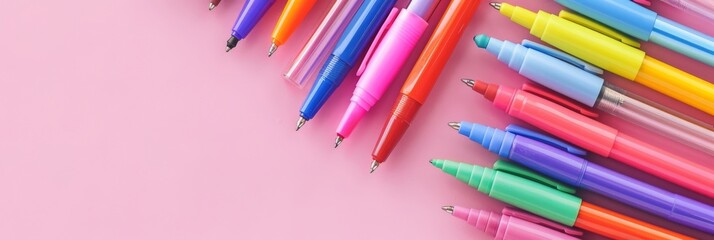 Fototapeta premium A flat lay of colorful felt tip pens arranged on a soft pink background. The pens are arranged in a neat, diagonal pattern, leaving space for text