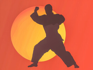 Silhouette of a martial artist practicing karate at sunset