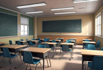 
school classroom with wooden desks and blackboard