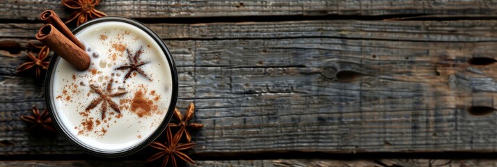Top-down view of frothy chai latte with cinnamon stick and star anise on rustic wooden surface. Star anise scattered nearby