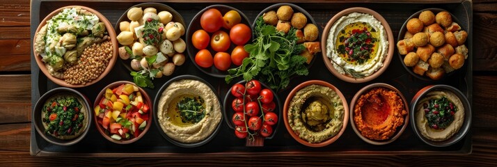 Fototapeta premium A wooden platter filled with various Mediterranean appetizers including hummus, falafel, and baba ghanoush