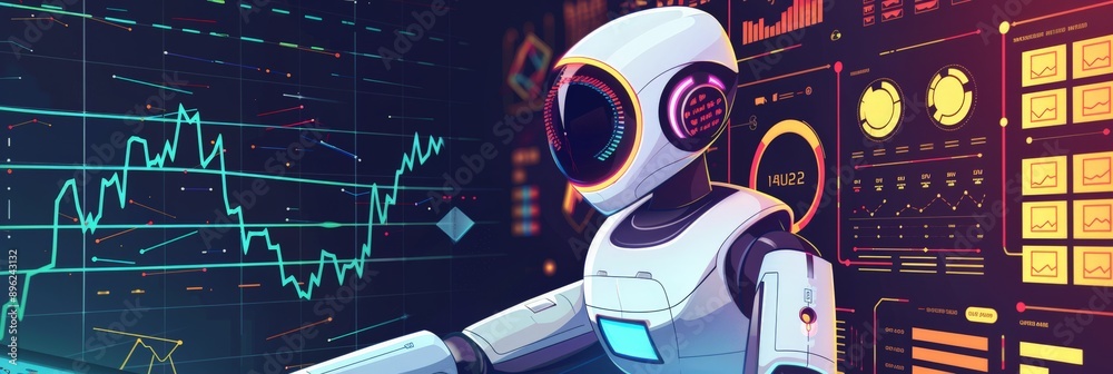 Poster Robot interacting with digital interface displaying charts and data. Futuristic AI technology in data analysis.