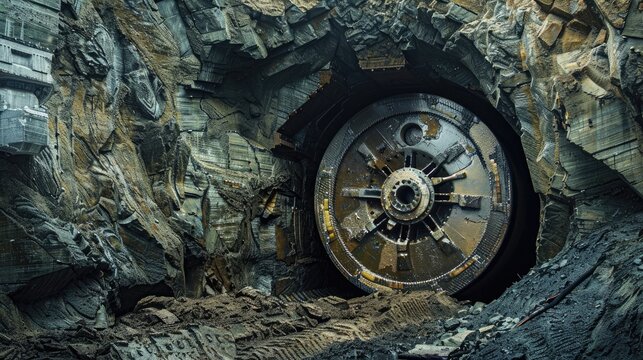 A tunnel boring machine carving its way through rock and soil to create an underground transportation route.