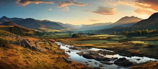 Obraz premium The sun sets over the valley, The last rays of light on the peaks in the wilds of the far north