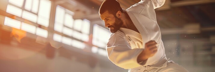 A male judo practitioner with a beard executes a throw during a training session in a dojo, captured in a dynamic close-up image