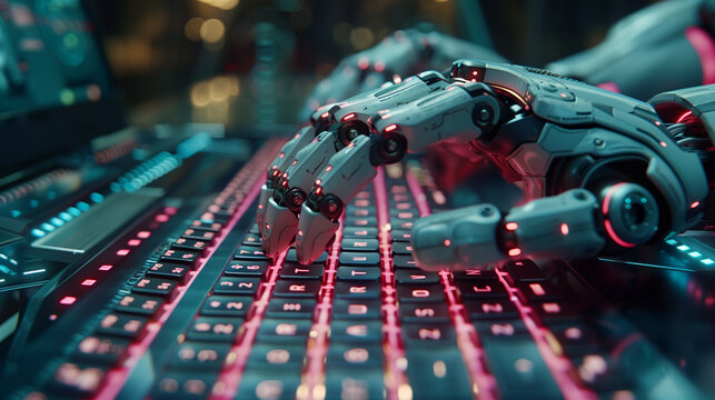Robotic hand analyzing financial data on stock exchange, artificial intelligence utilization to predict precise price change in stock market.