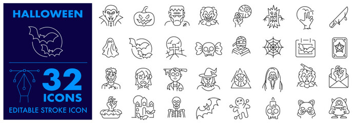 Halloween and Thanksgiving, Editable Stroke Icon. Included Dracula, mask, Clown of murderer, bat and cute ghost, abandoned house, Vampire, Happy Halloween Season pumpkins, Autumn and More