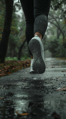close up of runner's legs and shoes, runs in forest road, jogging, autumn cold weather, healthy activity