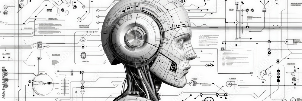 Poster Detailed side profile of a humanoid robot with mechanical elements on a white background. Concept of advanced robotics and technological innovation.