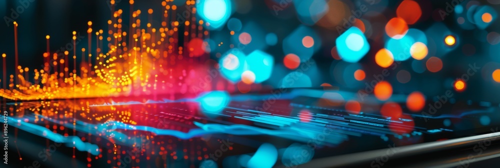 Poster a modern tablet displaying a vibrant data visualization with glowing lines and dots, creating a dyna