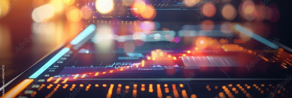 Poster a close-up image of a modern tablet displaying data visualization graphs and charts with a blurred b