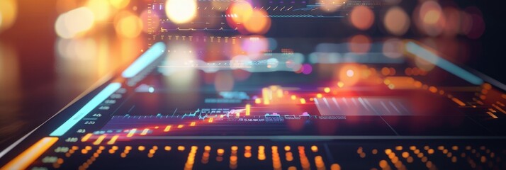 A close-up image of a modern tablet displaying data visualization graphs and charts with a blurred background of city lights