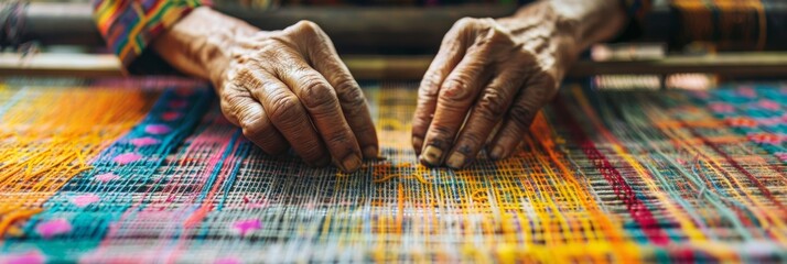 An artisan's hands carefully weave colorful threads on a traditional weaving loom, creating intricate patterns in a vibrant tapestry