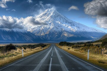 Winding road leads to a distant mountain range