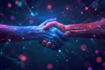 Elegant visual of a handshake integrated with digital network graphics. Close-up of a leader's hand shaking a holographic hand, representing the merging of human leadership with AI technology business