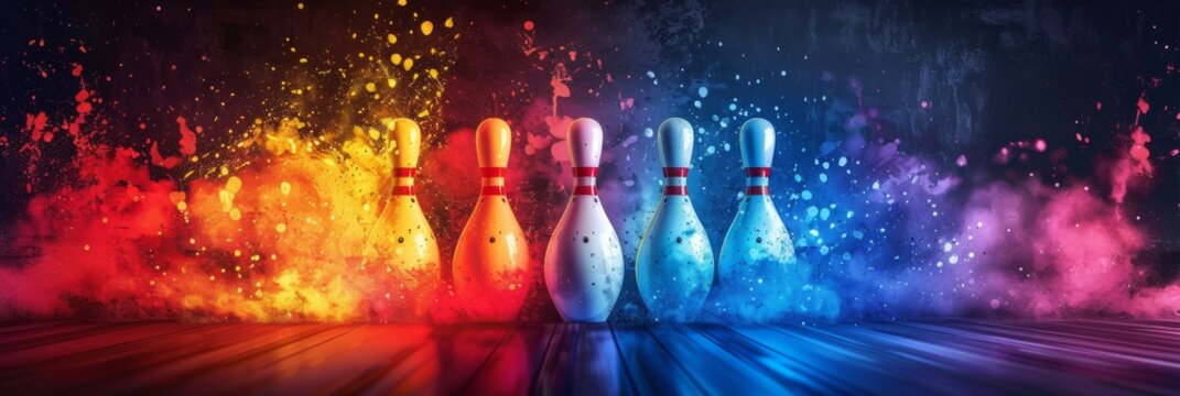 A dynamic shot of bowling pins toppling over with splashes of colorful paint against a dark background