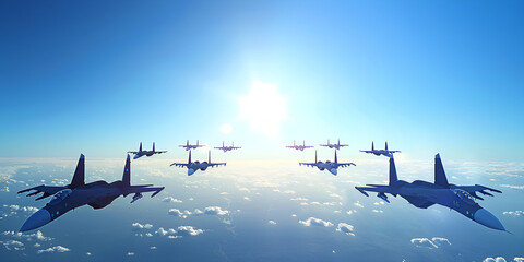 Several fighter jets soar through a clear blue sky showcasing their power and agility A squadron of fighter jets flying in perfect formation AI Generated
